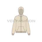 Womens drop shoulder zipper hoodie flat sketch, front view