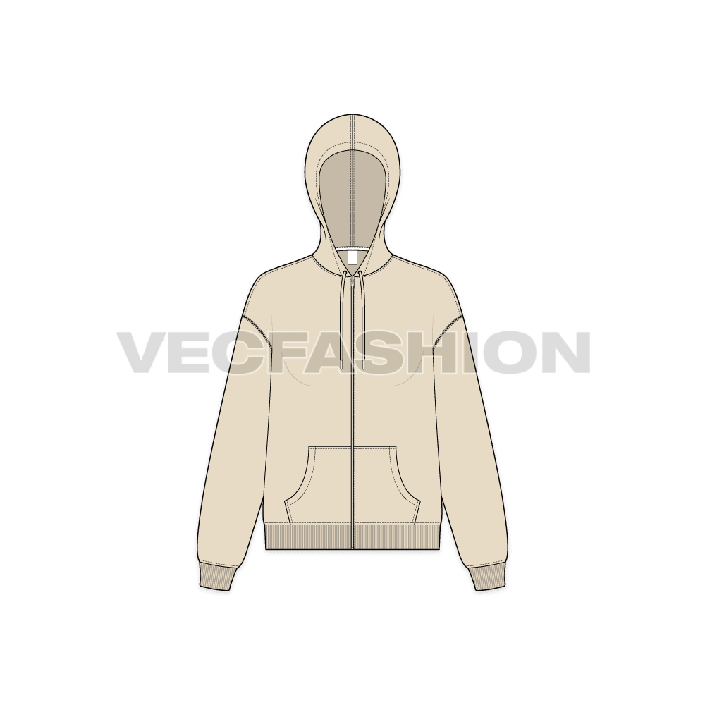 Womens drop shoulder zipper hoodie flat sketch, front view
