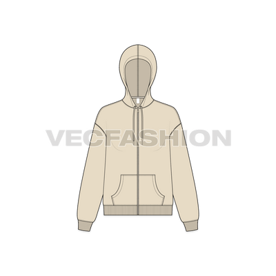 A vector illustrator sketch template of Women's Drop Shoulder Zipper Hoodie. It is illustrated with Front, Side and Back view. It is a front open hoodie and have ribbed cuffs on sleeves and bottom hem.