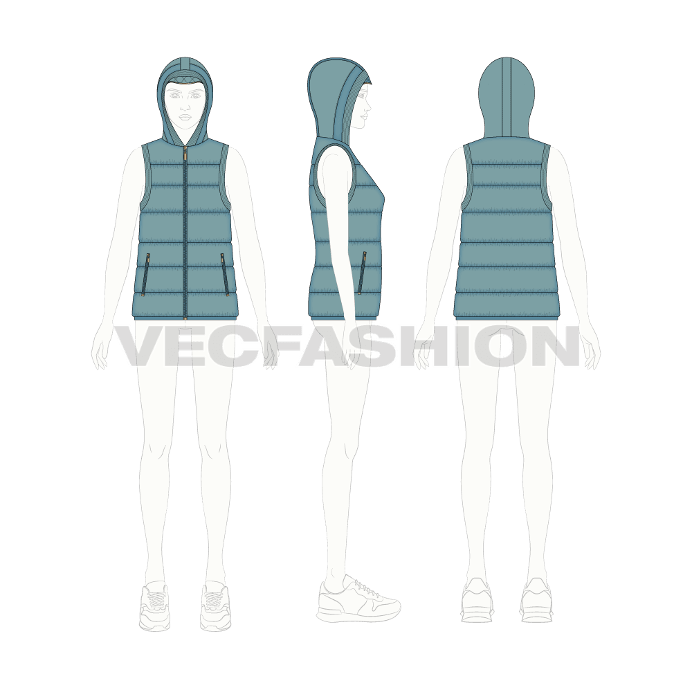 Women's Duck Egg Blue Puffer Vest flat sketch, croqui sketch