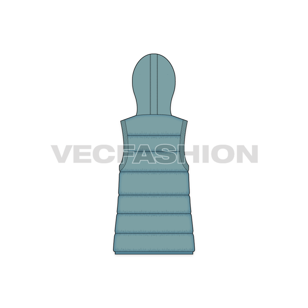 Women's Duck Egg Blue Puffer Vest flat sketch, back view