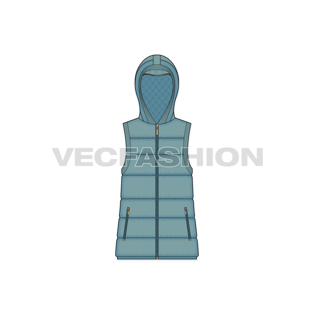 Women's Duck Egg Blue Puffer Vest flat sketch, front view