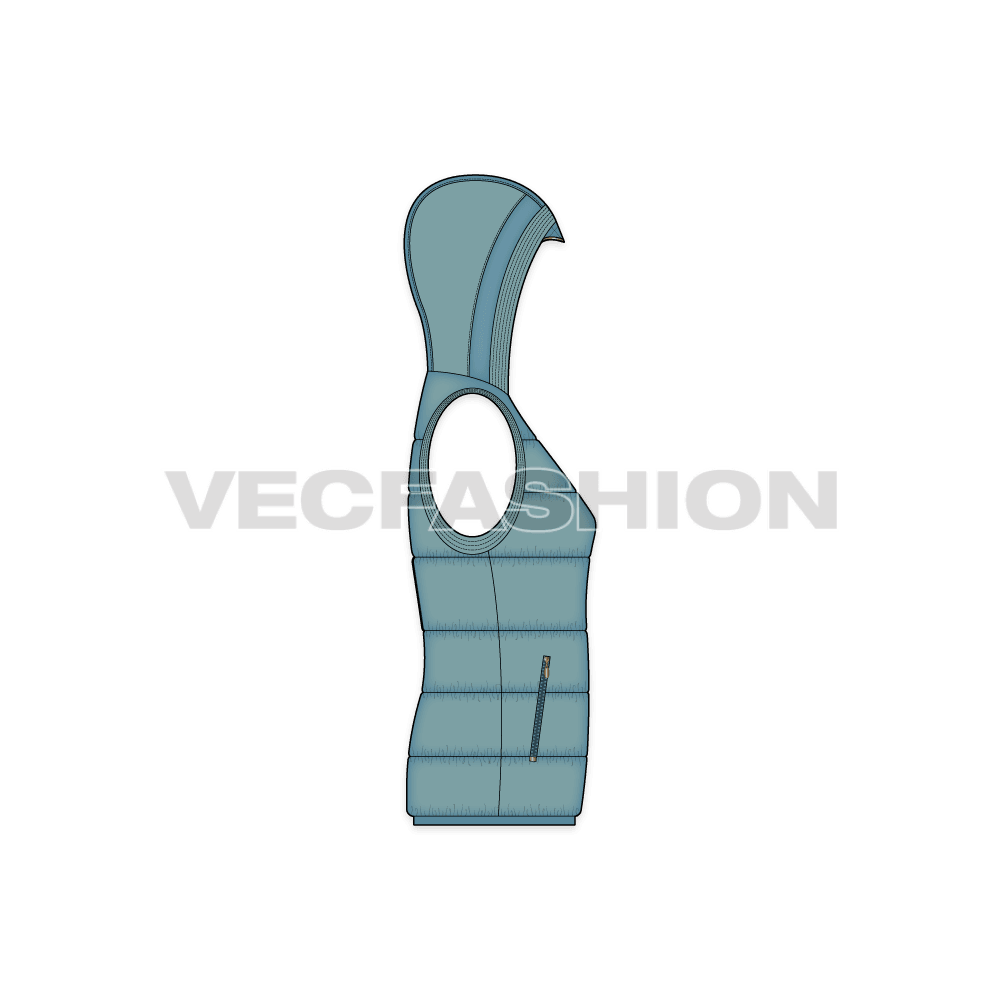 Women's Duck Egg Blue Puffer Vest flat sketch, side view