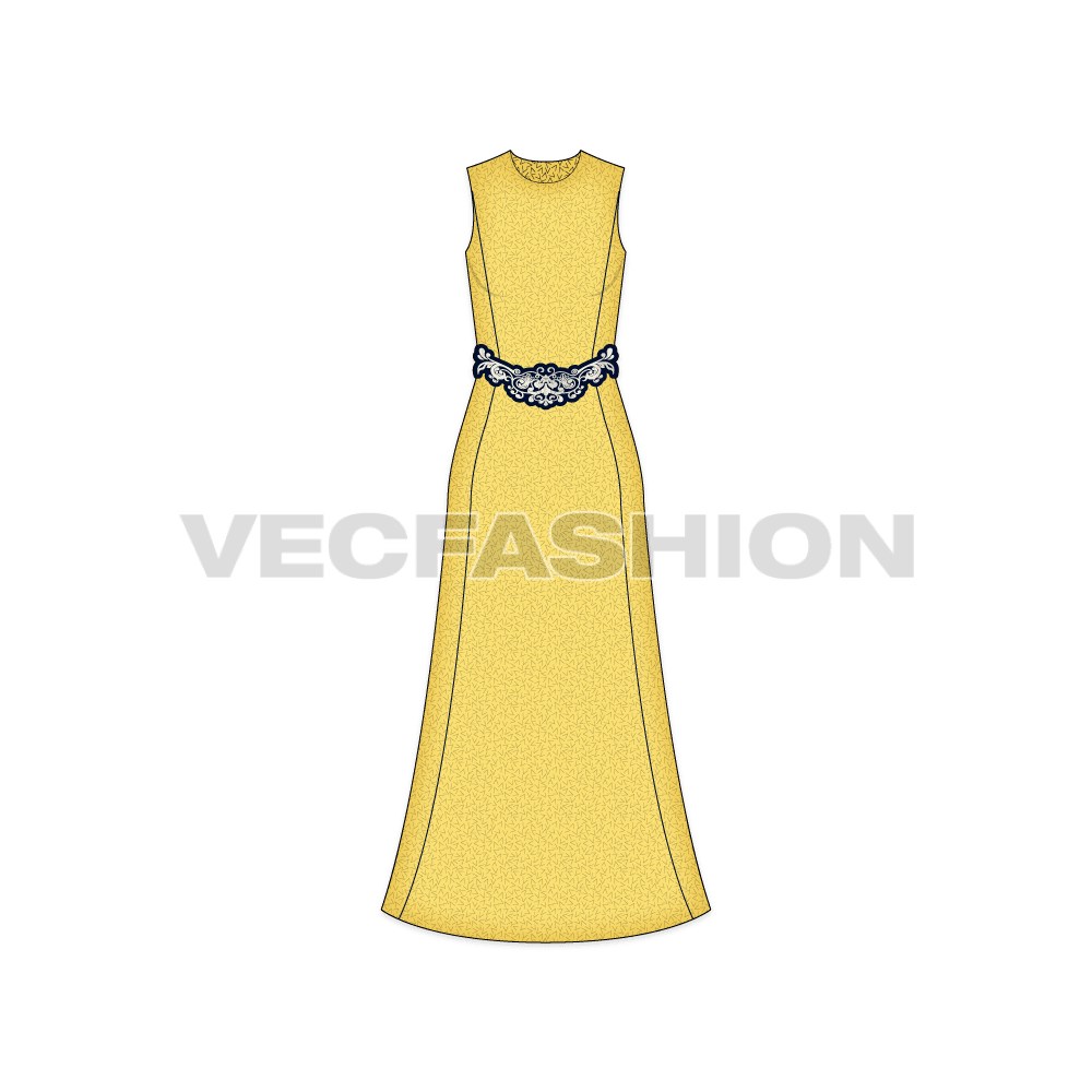 Womens elegant evening dress flat sketch, front view