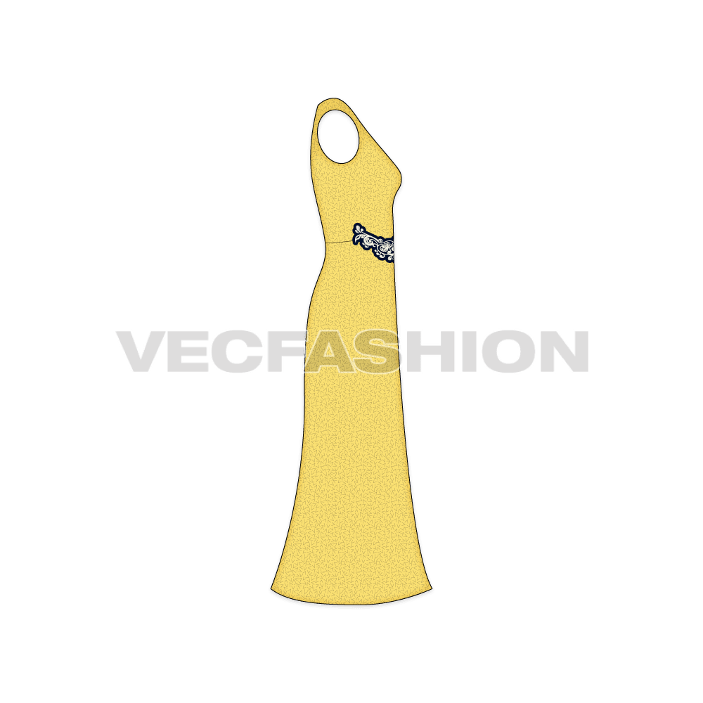 Womens elegant evening dress flat sketch, side view