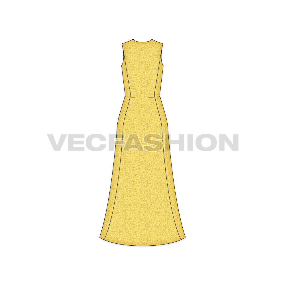 Womens elegant evening dress flat sketch, back view