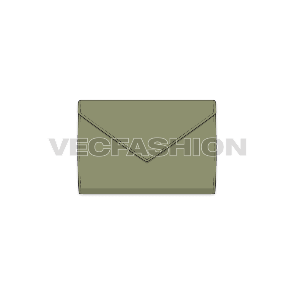 A fully editable fashion cad for Women's Envelop Purse. It is illustrated with multiple views like Front, side front, front with open lid and back view. 