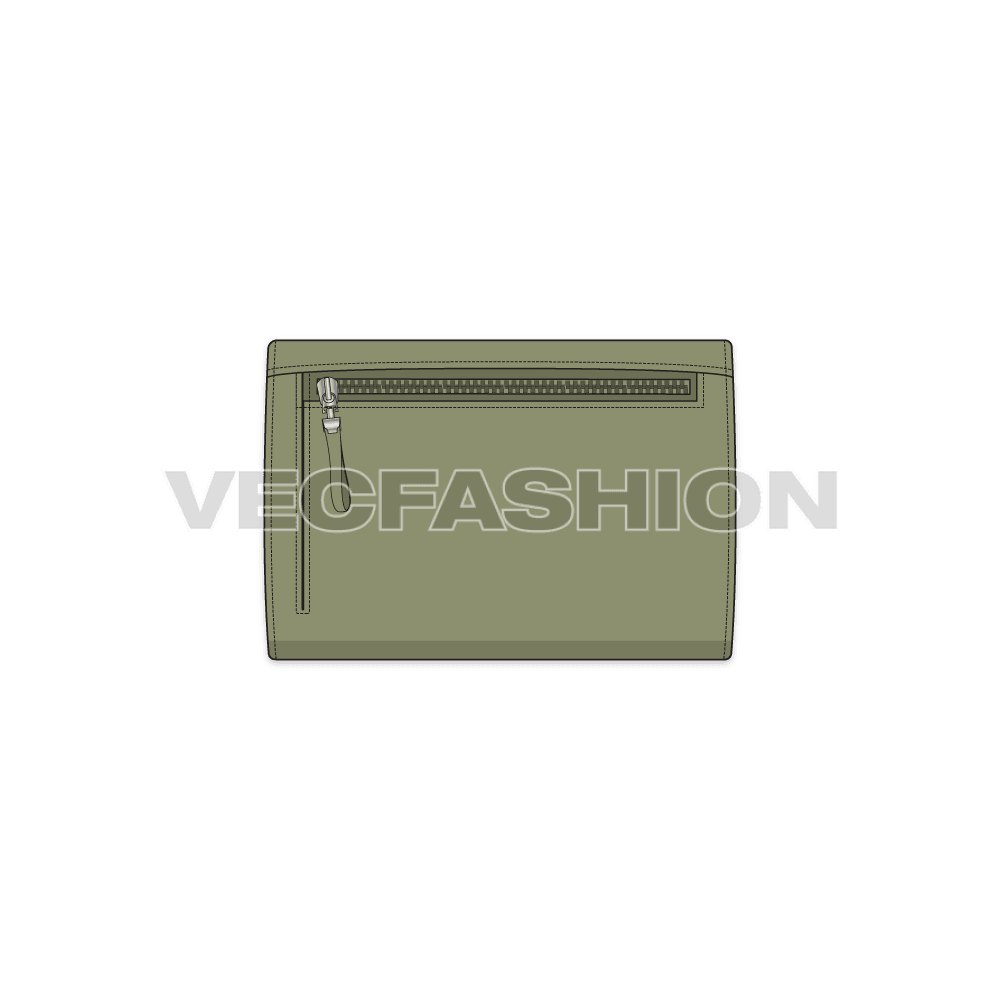 A fully editable fashion cad for Women's Envelop Purse. It is illustrated with multiple views like Front, side front, front with open lid and back view. 