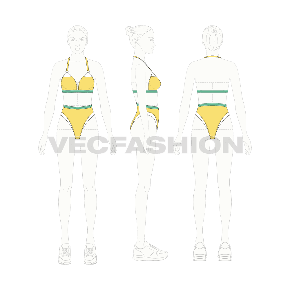 Womens fashion bikini set flat sketch, croqui sketch