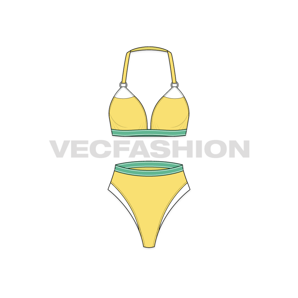 A vector template for Women's Fashion Bikini Set, it has sheer mesh panels on the bikini with branded elastic on the under busts.