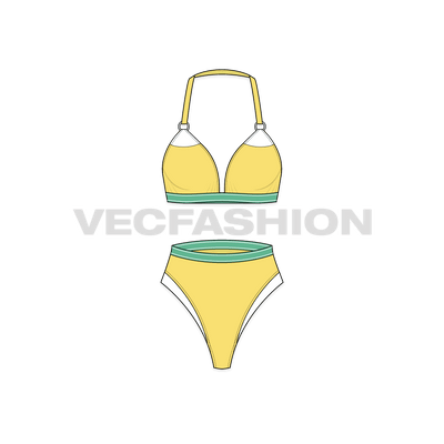 A vector template for Women's Fashion Bikini Set, it has sheer mesh panels on the bikini with branded elastic on the under busts.