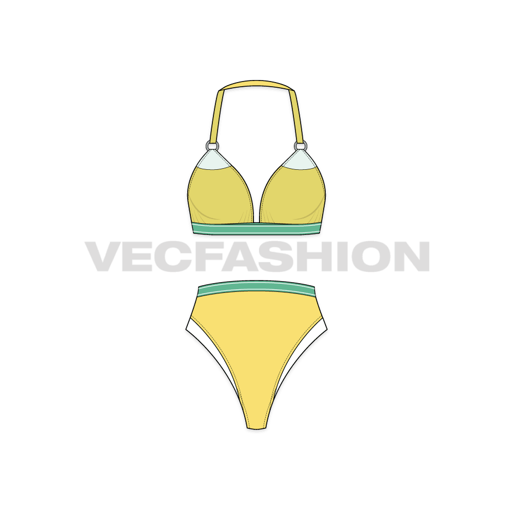 A vector template for Women's Fashion Bikini Set, it has sheer mesh panels on the bikini with branded elastic on the under busts.