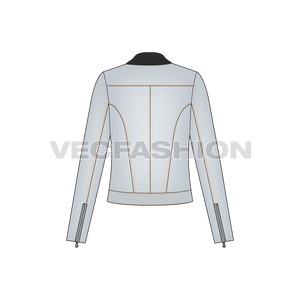 A vector template of Women's Fashion Moto Jacket originally known as Biker Jacket. This template is created using a seamless leather pattern on collars and metal trims on enclosures like, metal button, zip and zip pullers.