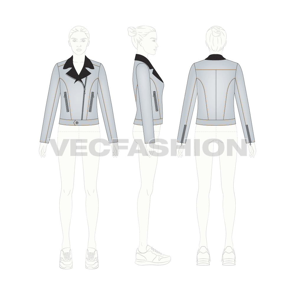 Women's Fashion Moto Jacket flat sketch, croqui sketch