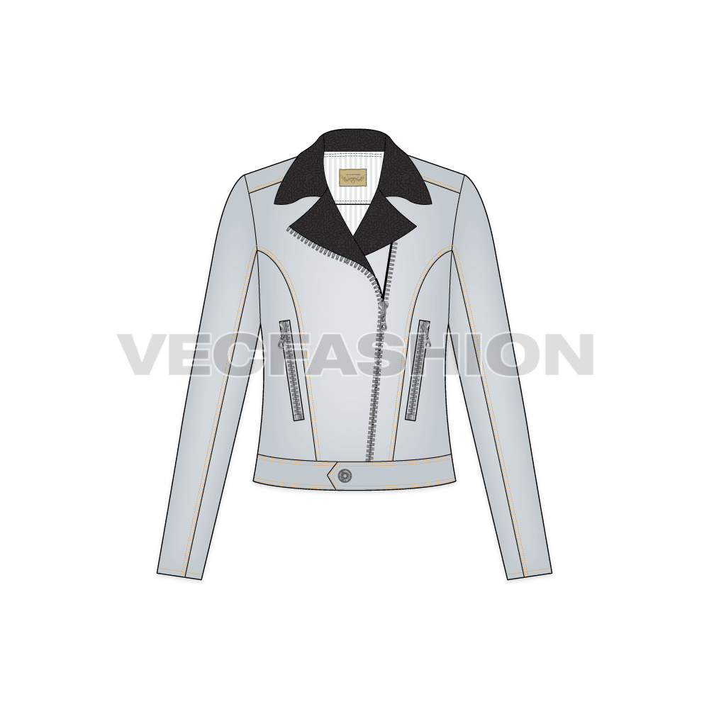 A vector template of Women's Fashion Moto Jacket originally known as Biker Jacket. This template is created using a seamless leather pattern on collars and metal trims on enclosures like, metal button, zip and zip pullers.