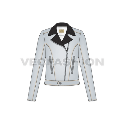 A vector template of Women's Fashion Moto Jacket originally known as Biker Jacket. This template is created using a seamless leather pattern on collars and metal trims on enclosures like, metal button, zip and zip pullers.