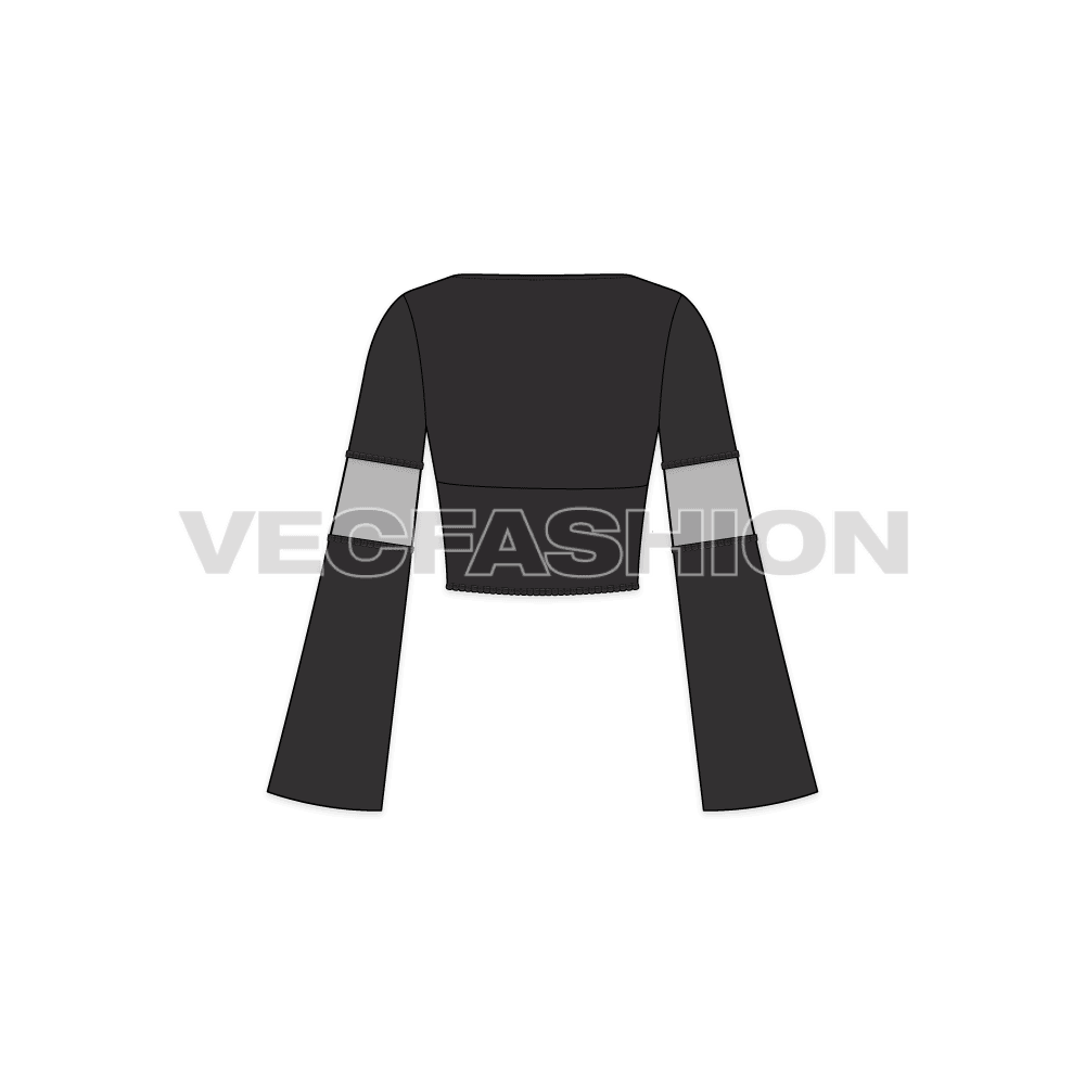 A vector template for Women's Fashion Top. It has long arms with a different colored band on sleeves with tie strings on neck.
