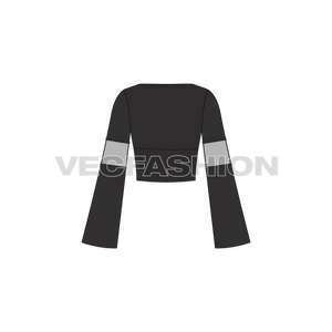 A vector template for Women's Fashion Top. It has long arms with a different colored band on sleeves with tie strings on neck.