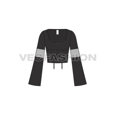 A vector template for Women's Fashion Top. It has long arms with a different colored band on sleeves with tie strings on neck.