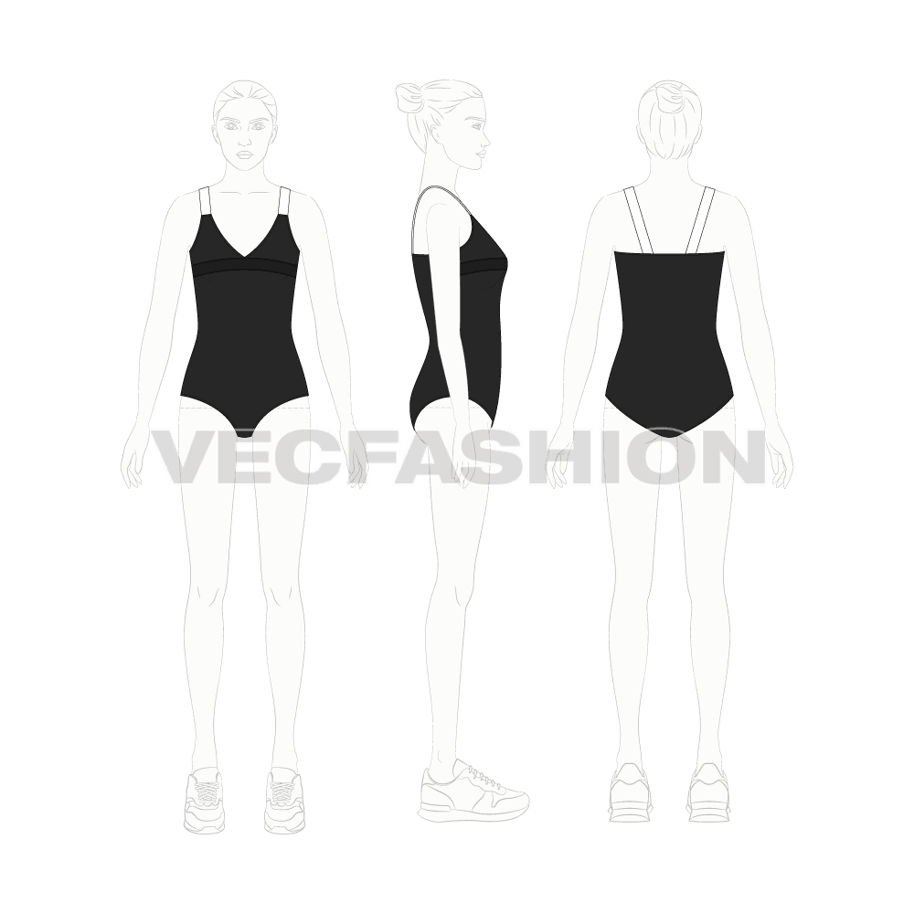 Womens fitness bodysuit flat sketch, croqui sketch