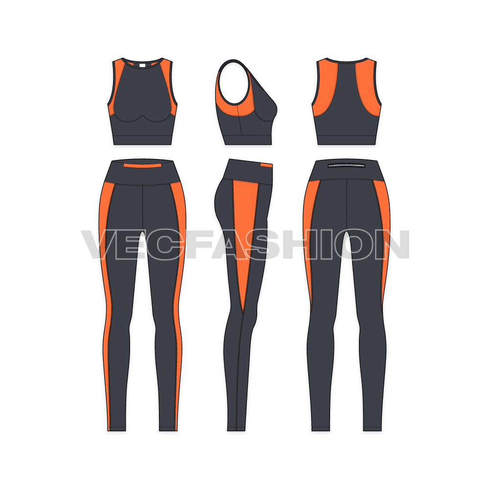 Womens fitness set flat sketch, showing all views, front, side and back