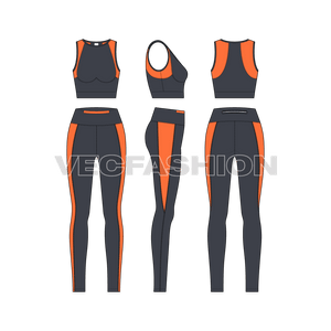 A vector fashion sketch template of Women's Fitness Set. It is a complete set with sports bra and compression leggings. The design is inspired by modern styles and gives a great comfort while working out. 