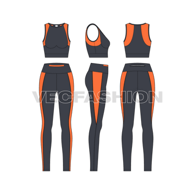 A vector fashion sketch template of Women's Fitness Set. It is a complete set with sports bra and compression leggings. The design is inspired by modern styles and gives a great comfort while working out. 