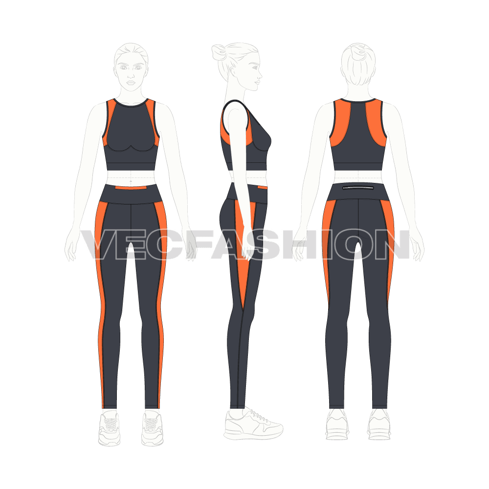Womens fitness set flat sketch, on croqui