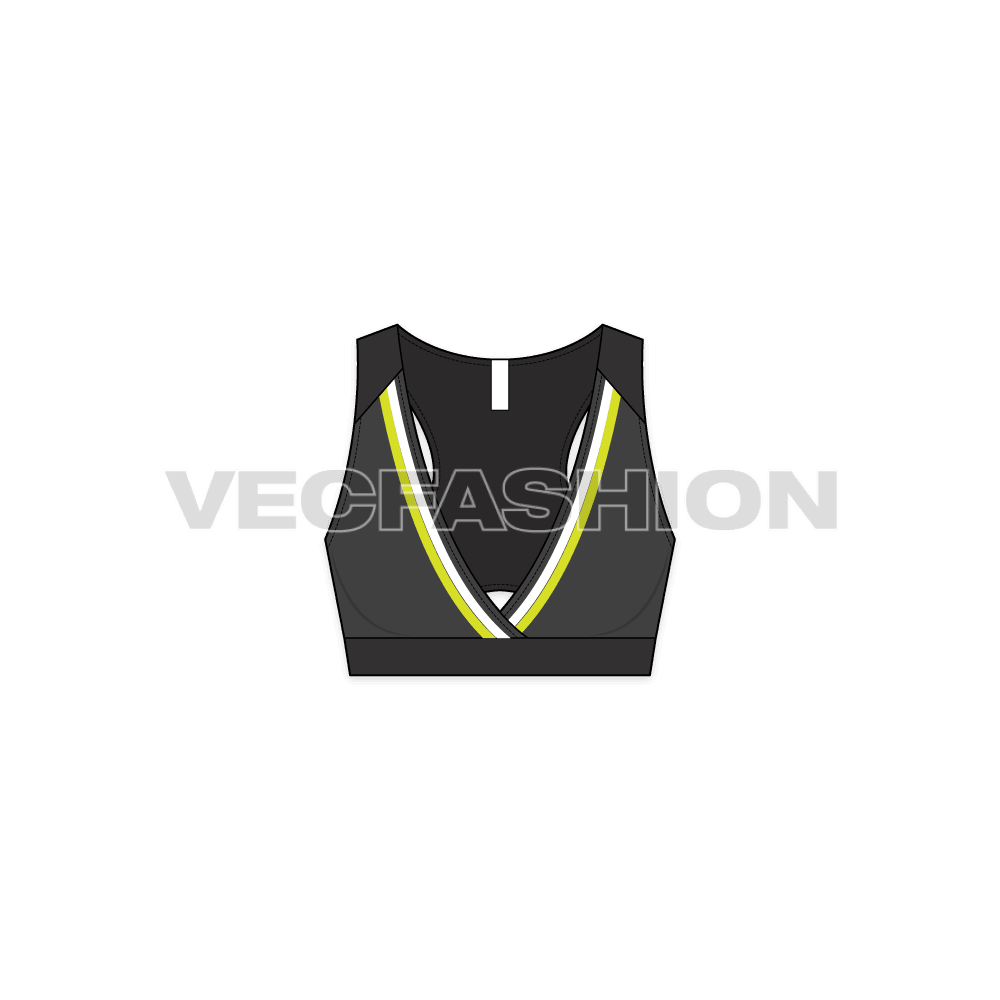 A new template for Women's Fitness Sports Top, it is a cross-over style made with striking lines going by the front edge. It has thick wording going on front and back. 