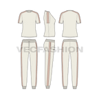 Womens fitness tracksuit flat sketch, showing all views, front, side and back