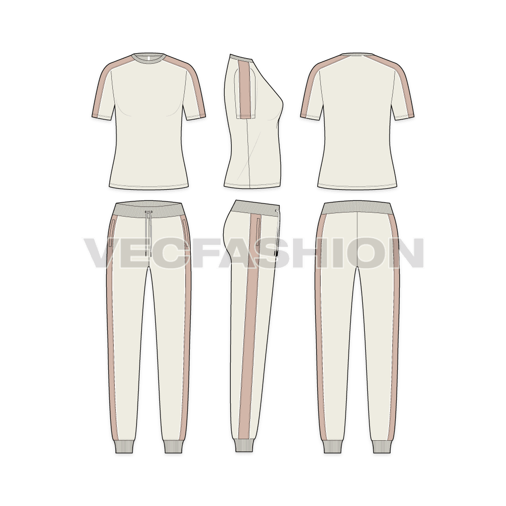A vector template for Women's Fitness Tracksuit in vintage light stone color. It has contrast panels on sides and have a t-shirt and pants. 
