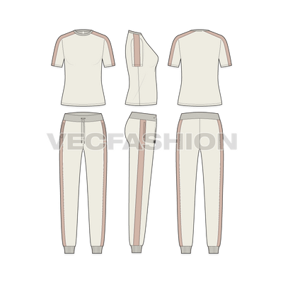 Womens fitness tracksuit flat sketch, showing all views, front, side and back