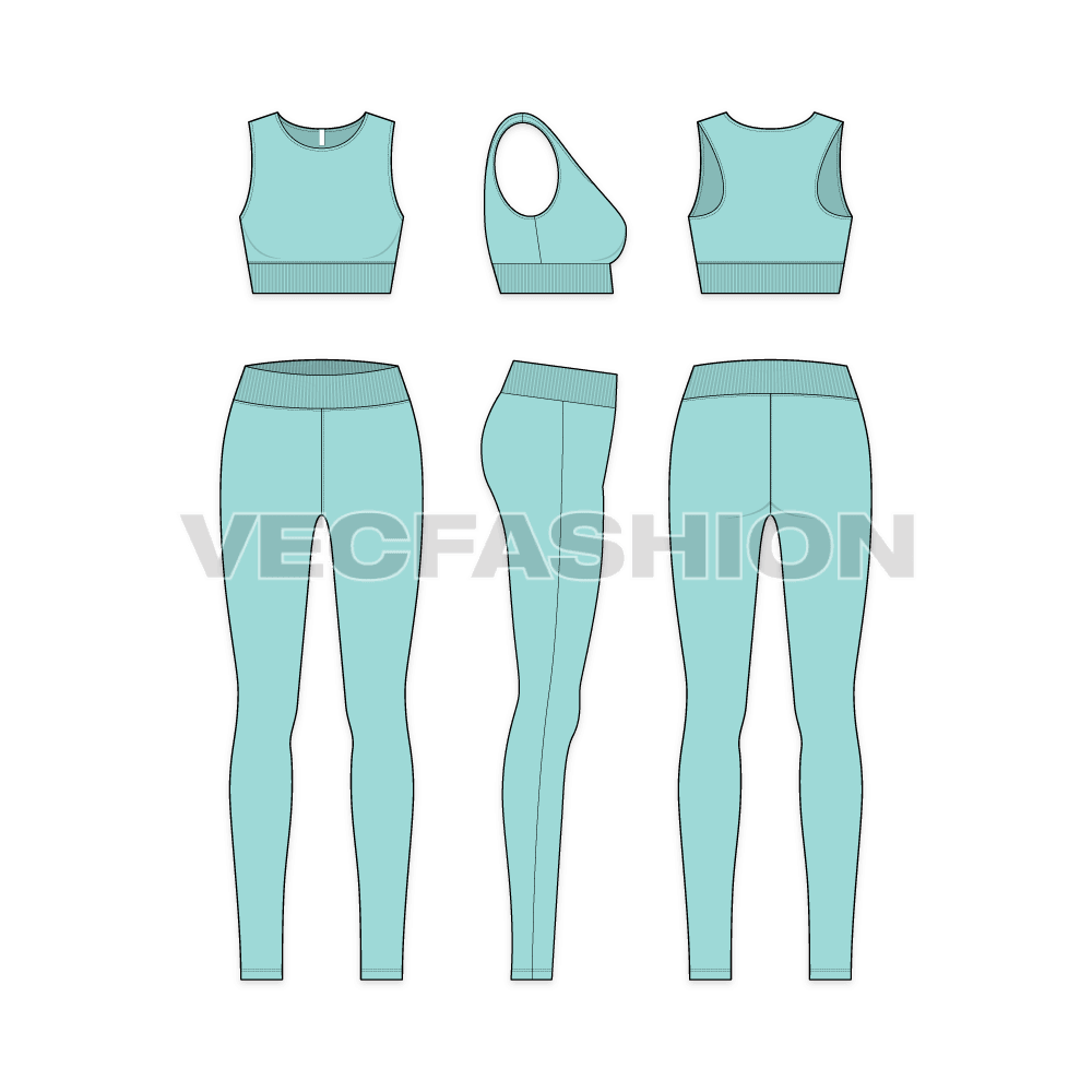 Womens fitness training set flat sketch, showing all views, front, side and back