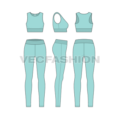 A newly created vector fashion flats for Women's Sportswear Section. It has Sports Bra Top and Tights. It is illustrated on top of an athlete model giving you a real proportion to life scale.