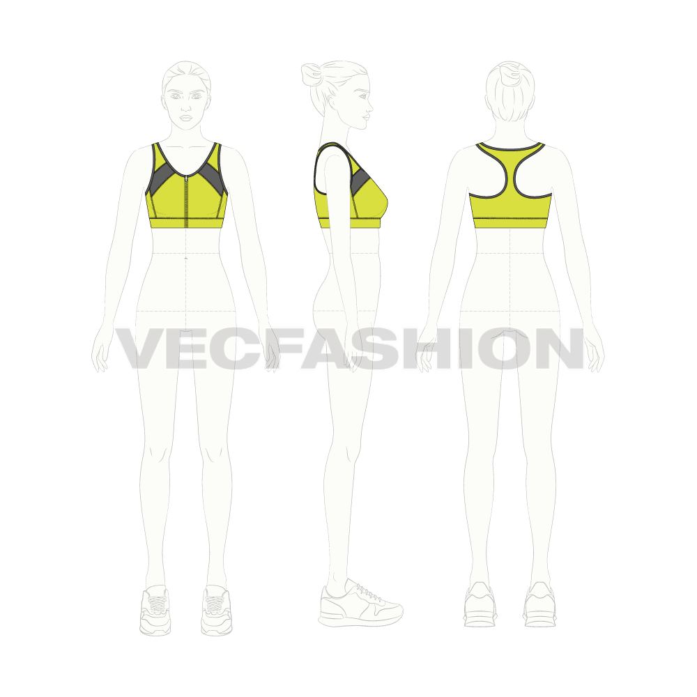 Womens fitness training sports bra flat sketch, croqui sketch