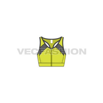 A simple vector illustration for Women's Fitness Training Sports Bra. This Sports Bra is the most advanced style and construction. This is showing 3 different views Front with Zip Down, Zip up and the Back view.