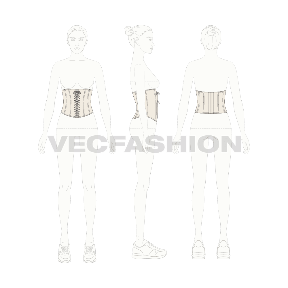 Womens fitted corset, skin tone flat sketch, croqui sketch