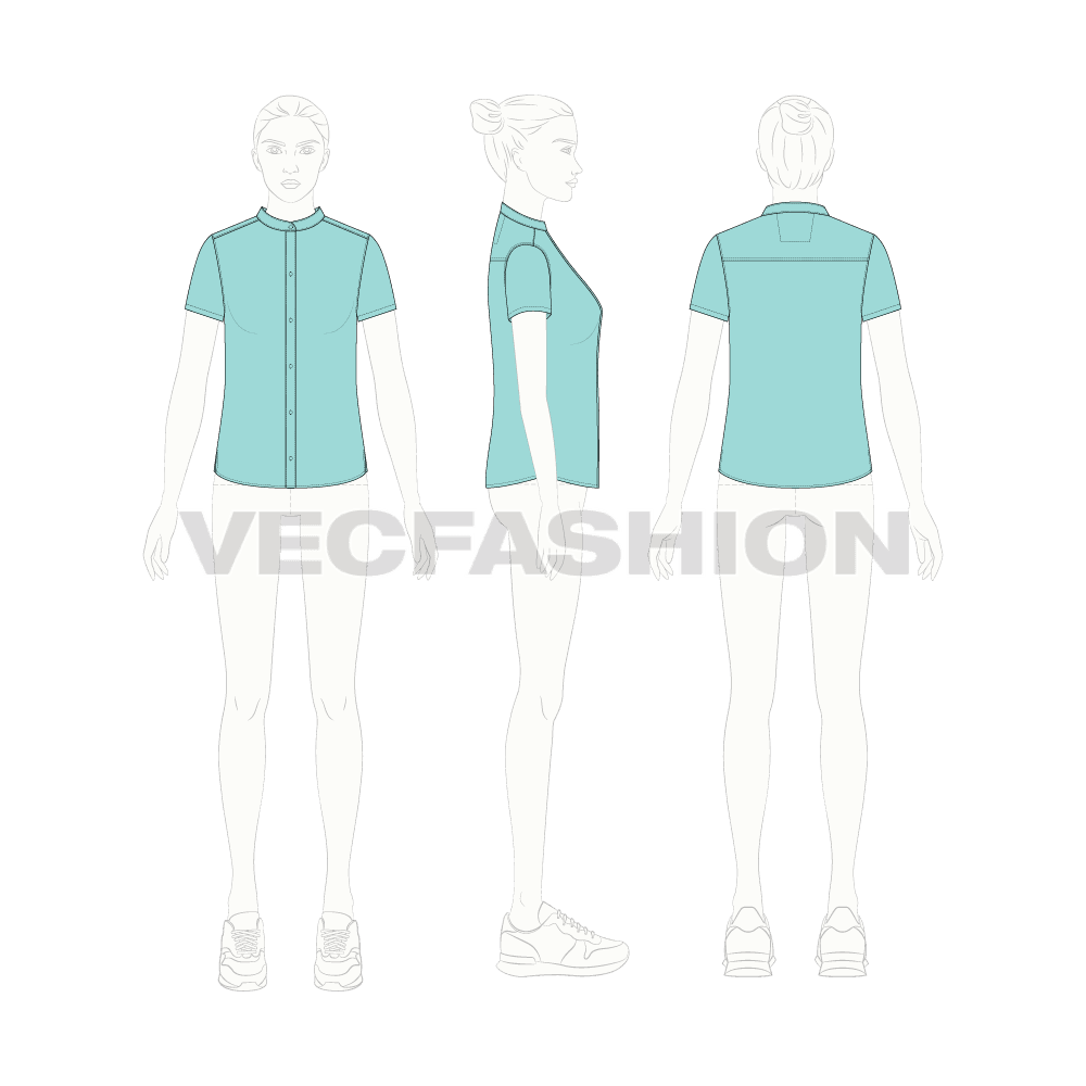 Womens fitted cotton poplin shirt flat sketch, croqui sketch