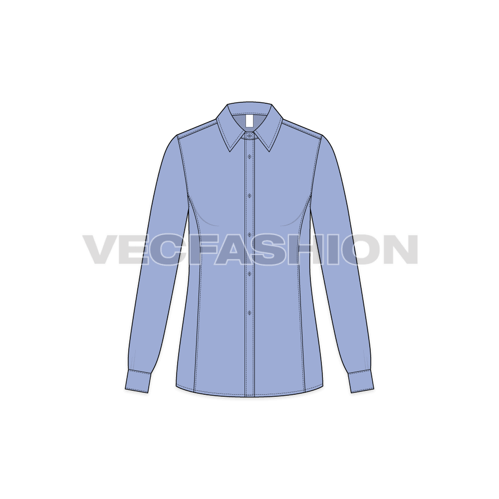 A vector illustrator template for Women's Fitted Shirt. It has a shirt collar with cutlines on sides.