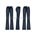 Womens flare leg denim jeans flat sketch, showing all views, front, side and back