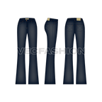 Womens flare leg denim jeans flat sketch, showing all views, front, side and back