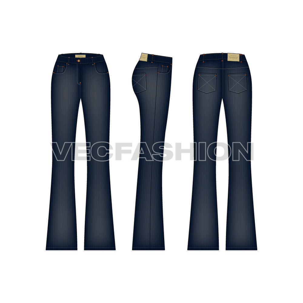 Womens flare leg denim jeans flat sketch, showing all views, front, side and back