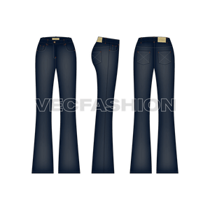 An indigo rendered vector template for Women 'sFlare Leg Denim Jeans. This template includes Metal Shank on waist band, Metal Rivets,  PU Label, Back Pocket PU Label, Belt Loops with Bar Tack Stitch and Double Needle Stitch on all over garment.