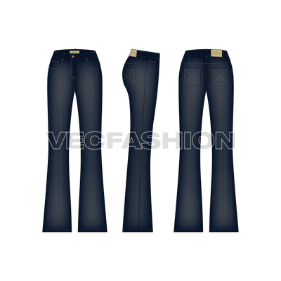 An indigo rendered vector template for Women 'sFlare Leg Denim Jeans. This template includes Metal Shank on waist band, Metal Rivets,  PU Label, Back Pocket PU Label, Belt Loops with Bar Tack Stitch and Double Needle Stitch on all over garment.