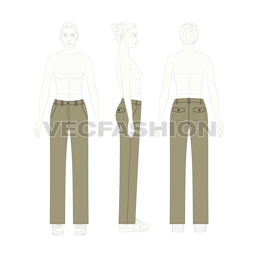 Womens flat front comfort fit chinos flat sketch, on croqui