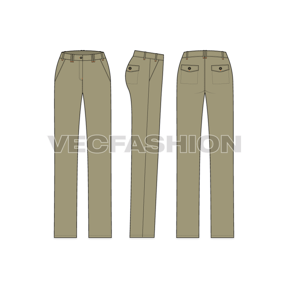 Womens flat front comfort fit chinos flat sketch, showing all views, front, side and back