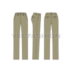 Womens flat front comfort fit chinos flat sketch, showing all views, front, side and back