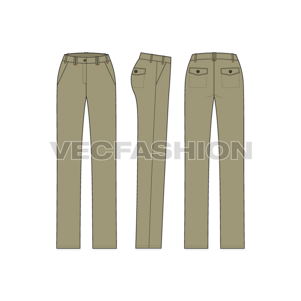 A clean template for Women's Flat Front Chinos in vintage green color. This template have Double Loop Style on Front and one on Center Back. It has Stitching, Bar Tack, Pockets details and Vector Button Trim.