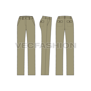 A clean template for Women's Flat Front Chinos in vintage green color. This template have Double Loop Style on Front and one on Center Back. It has Stitching, Bar Tack, Pockets details and Vector Button Trim.
