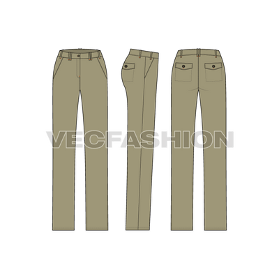 A clean template for Women's Flat Front Chinos in vintage green color. This template have Double Loop Style on Front and one on Center Back. It has Stitching, Bar Tack, Pockets details and Vector Button Trim.